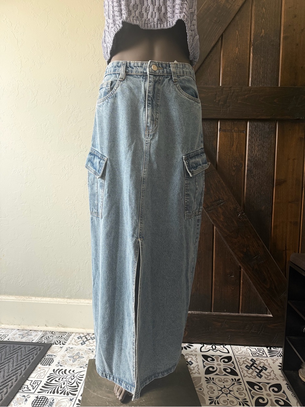 Vestry Lightwash Denim Maxi Cargo Skirt 30/L Long Length 90s Mom Butter Mom
